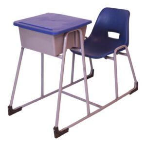 APPLE AP-380-BLU school desk chair set with blue plastic chair attached desk and book box storage Student desk chair set with blue writing desk grey metal frame and classroom storage box Classroom desk and chair for school college academy coaching center and training room furniture