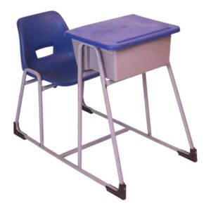 APPLE AP-380-BLU school desk chair set with blue plastic chair attached desk and book box storage Student desk chair set with blue writing desk grey metal frame and classroom storage box Classroom desk and chair for school college academy coaching center and training room furniture