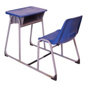 APPLE AP-380-LRG-BLU school desk chair in Pakistan with blue plastic seat and writing desk Single student desk chair with durable metal frame and blue classroom desk top Blue classroom desk chair for schools colleges academies and study rooms in Pakistan APPLE Furniture school desk chair in Pakistan for comfortable classroom seating