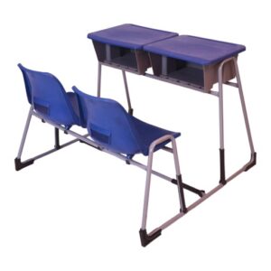APPLE AP-381-BLU 2 seater study desk in Pakistan with blue plastic seats and writing tops Joint bench desk for schools with durable metal frame and double student seating Double student desk with blue classroom seats and spacious writing desks for Pakistan schools