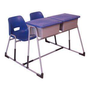 APPLE AP-381-BLU 2 seater study desk in Pakistan with blue plastic seats and writing tops Joint bench desk for schools with durable metal frame and double student seating Double student desk with blue classroom seats and spacious writing desks for Pakistan schools