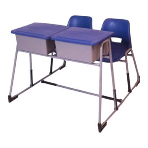 APPLE AP-381-BLU 2 seater study desk in Pakistan with blue plastic seats and writing tops Joint bench desk for schools with durable metal frame and double student seating Double student desk with blue classroom seats and spacious writing desks for Pakistan schools