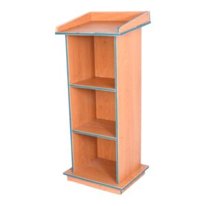 APPLE AP-460-LRG-BCH wooden podium stand with beech finish and open shelves for schools and offices APPLE AP-460-LRG-BCH lecture stand podium for classroom speeches, seminars and presentations APPLE AP-460-LRG-BCH presentation rostrum with wooden body, raised top and storage shelves