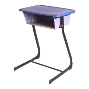 APPLE AP-490-U study desk with book box and blue writing top for school classroom furniture Single student study table with storage box and strong black metal frame for academies School desk with storage for students in Pakistan with blue top and durable U-frame legs