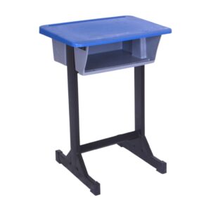 APPLE AP-497 Student Desk in Pakistan with blue plastic top and metal frame School desk with book box for classroom furniture and student study use Durable classroom desk furniture with plastic top and storage box for schools