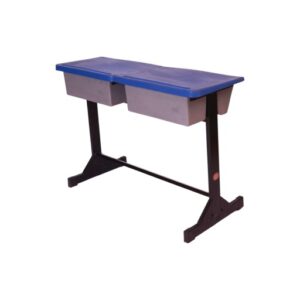 APPLE AP-498 Double Student Desk with blue plastic top and book box storage School desk with book box for two students and classroom desk furniture Two seater student desk with strong metal frame for schools and academies