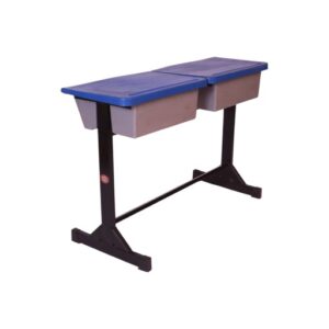 APPLE AP-498 Double Student Desk with blue plastic top and book box storage School desk with book box for two students and classroom desk furniture Two seater student desk with strong metal frame for schools and academies
