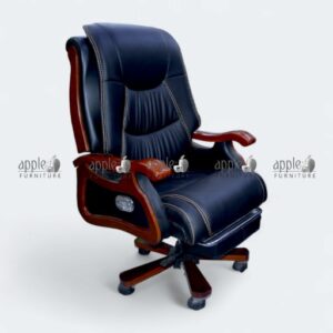 APPLE AP-501-FTR executive recliner chair in black leatherette with wooden arms, revolving base and footrest for boss chair with footrest and leather recliner office chair seating