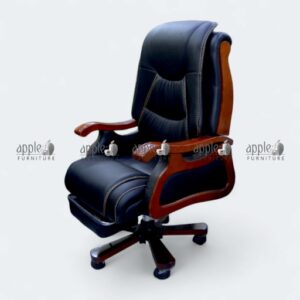 APPLE AP-501-FTR executive recliner chair in black leatherette with wooden arms, revolving base and footrest for boss chair with footrest and leather recliner office chair seating