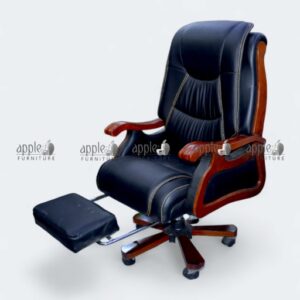 APPLE AP-501-FTR executive recliner chair in black leatherette with wooden arms, revolving base and footrest for boss chair with footrest and leather recliner office chair seating