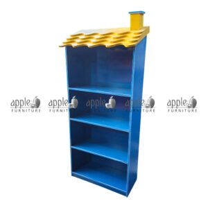 APPLE AP-100-ORG Classroom Book Rack for school book shelf and school library shelving unit Colorful Classroom Book Rack with orange shelves and yellow roof design for Montessori schools APPLE school book shelf for books, files, and classroom learning material storage School library shelving unit for kids reading corner and classroom book organization