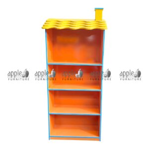 APPLE AP-100-ORG Classroom Book Rack for school book shelf and school library shelving unit Colorful Classroom Book Rack with orange shelves and yellow roof design for Montessori schools APPLE school book shelf for books, files, and classroom learning material storage School library shelving unit for kids reading corner and classroom book organization