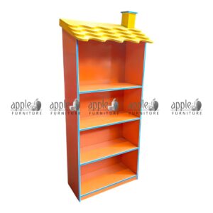 APPLE AP-100-ORG Classroom Book Rack for school book shelf and school library shelving unit Colorful Classroom Book Rack with orange shelves and yellow roof design for Montessori schools APPLE school book shelf for books, files, and classroom learning material storage School library shelving unit for kids reading corner and classroom book organization