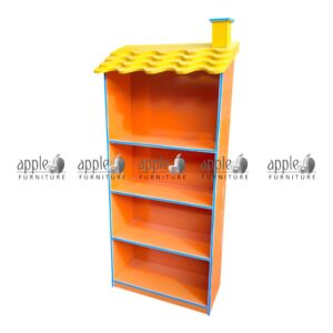 APPLE AP-100-ORG Classroom Book Rack for school book shelf and school library shelving unit Colorful Classroom Book Rack with orange shelves and yellow roof design for Montessori schools APPLE school book shelf for books, files, and classroom learning material storage School library shelving unit for kids reading corner and classroom book organization