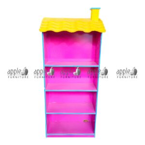 APPLE AP-100-ORG Classroom Book Rack for school book shelf and school library shelving unit Colorful Classroom Book Rack with orange shelves and yellow roof design for Montessori schools APPLE school book shelf for books, files, and classroom learning material storage School library shelving unit for kids reading corner and classroom book organization