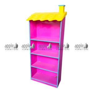 APPLE AP-100-ORG Classroom Book Rack for school book shelf and school library shelving unit Colorful Classroom Book Rack with orange shelves and yellow roof design for Montessori schools APPLE school book shelf for books, files, and classroom learning material storage School library shelving unit for kids reading corner and classroom book organization