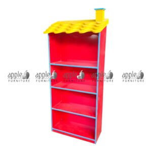 APPLE AP-100-ORG Classroom Book Rack for school book shelf and school library shelving unit Colorful Classroom Book Rack with orange shelves and yellow roof design for Montessori schools APPLE school book shelf for books, files, and classroom learning material storage School library shelving unit for kids reading corner and classroom book organization