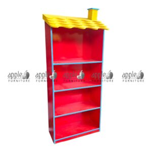 APPLE AP-100-ORG Classroom Book Rack for school book shelf and school library shelving unit Colorful Classroom Book Rack with orange shelves and yellow roof design for Montessori schools APPLE school book shelf for books, files, and classroom learning material storage School library shelving unit for kids reading corner and classroom book organization