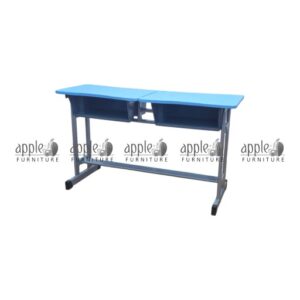 APPLE AP-1010 double student desk, school double desk with blue top, classroom desk with storage and metal frame for two students