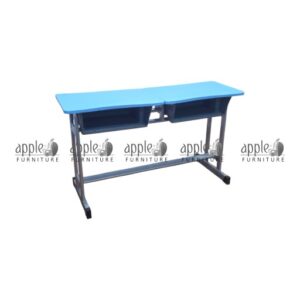 APPLE AP-1010 double student desk, school double desk with blue top, classroom desk with storage and metal frame for two students