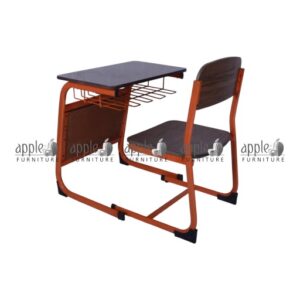 APPLE AP-1027-16-AKT and AP-1028-MED-AKT SET school desk and chair with moulded plywood seat and back School desk and chair with book basket and moulded plywood student seating for classrooms Classroom desk with chair by APPLE Furniture for school and academy use Moulded plywood student desk with attached chair and durable metal frame