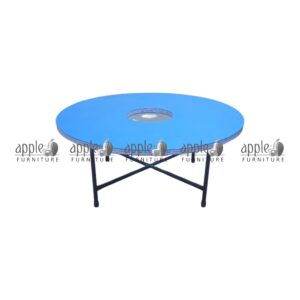 APPLE AP-116-R-1C-BLU Round Montessori Table with blue top and black metal frame for kids classroom Blue Kids Activity Table with round top and center cutout for preschool learning activities Preschool Classroom Table for Montessori schools, daycare centers, playgroups, and nursery rooms Durable Round Montessori Table for group learning, drawing, puzzles, crafts, and classroom activities