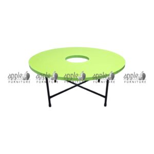 APPLE AP-116-R-1C-BLU Round Montessori Table with blue top and black metal frame for kids classroom Blue Kids Activity Table with round top and center cutout for preschool learning activities Preschool Classroom Table for Montessori schools, daycare centers, playgroups, and nursery rooms Durable Round Montessori Table for group learning, drawing, puzzles, crafts, and classroom activities