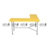 APPLE AP-151-ALP-L L shaped classroom table with yellow tabletop for preschool furniture Durable L shaped classroom table with strong metal pipe frame for Montessori learning spaces Yellow activity table for drawing, reading, writing, craftwork, and junior classroom activities Preschool corner table with yellow top for daycare, playgroup, and early learning classrooms