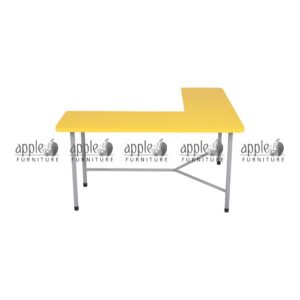 APPLE AP-151-ALP-L L shaped classroom table with yellow tabletop for preschool furniture Durable L shaped classroom table with strong metal pipe frame for Montessori learning spaces Yellow activity table for drawing, reading, writing, craftwork, and junior classroom activities Preschool corner table with yellow top for daycare, playgroup, and early learning classrooms