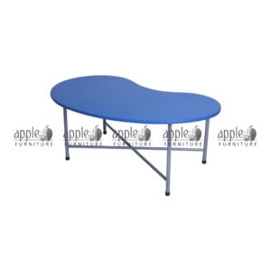 APPLE AP-151-FRT-BEN bean shaped classroom table with blue tabletop for preschool furniture Durable bean shaped classroom table with metal pipe frame for Montessori learning spaces Blue activity table for reading, writing, drawing, coloring, and classroom activities Preschool group work table with blue curved top for daycare, playgroup, and junior classrooms